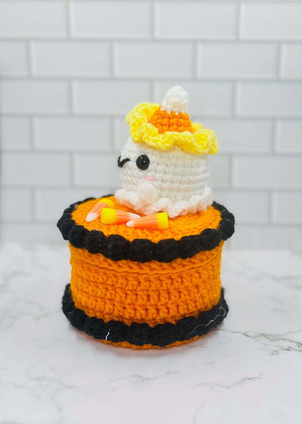 Halloween Ghost Cake Crochet Trinket Box | Spooky Cute Keepsake with Candy Corn Charms & Magnetic Closure