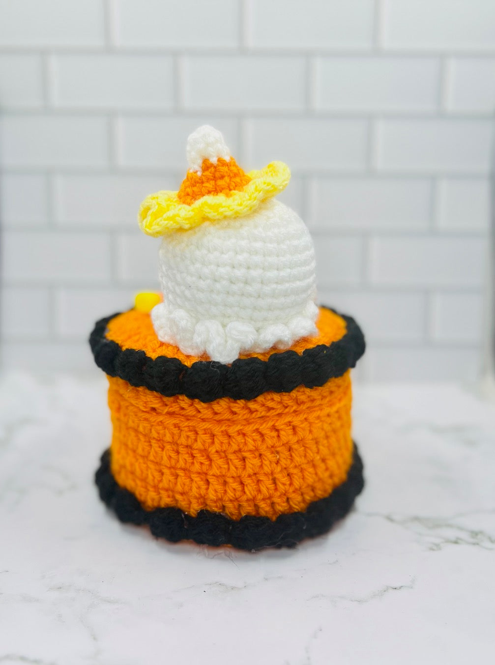 Halloween Ghost Cake Crochet Trinket Box | Spooky Cute Keepsake with Candy Corn Charms & Magnetic Closure