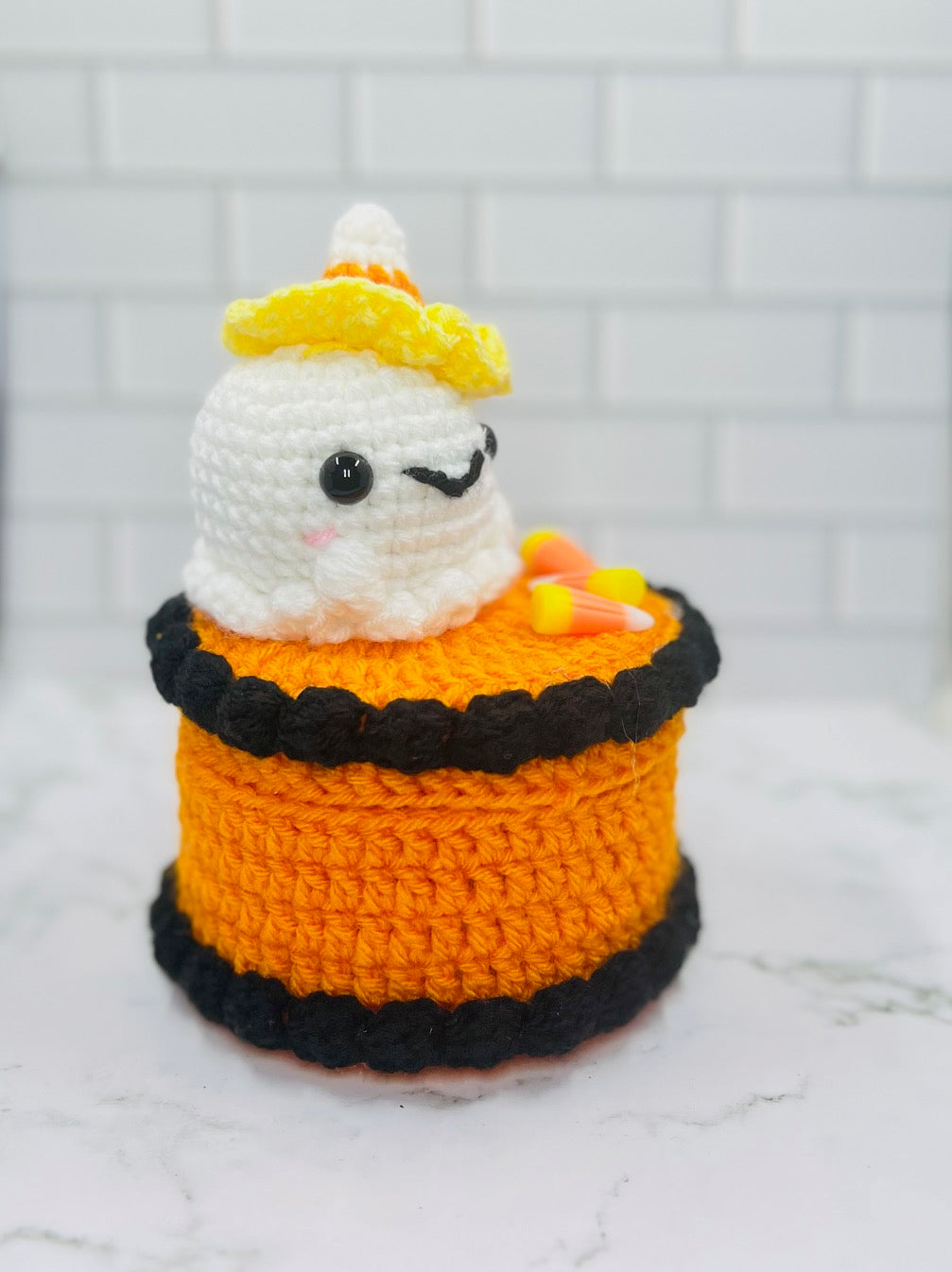 Halloween Ghost Cake Crochet Trinket Box | Spooky Cute Keepsake with Candy Corn Charms & Magnetic Closure