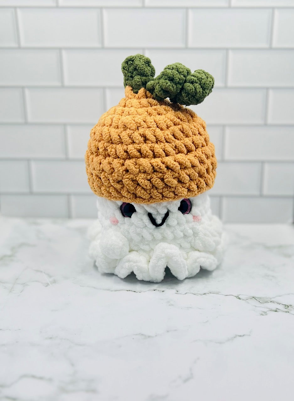 Crochet Ghost Plushie with Pumpkin Hat | Glitter Eyes, Rosy Cheeks & Sweet Smile | 7" Fall Halloween Decor