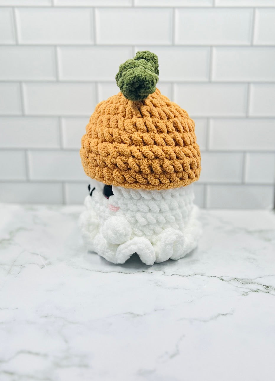 Crochet Ghost Plushie with Pumpkin Hat | Glitter Eyes, Rosy Cheeks & Sweet Smile | 7" Fall Halloween Decor
