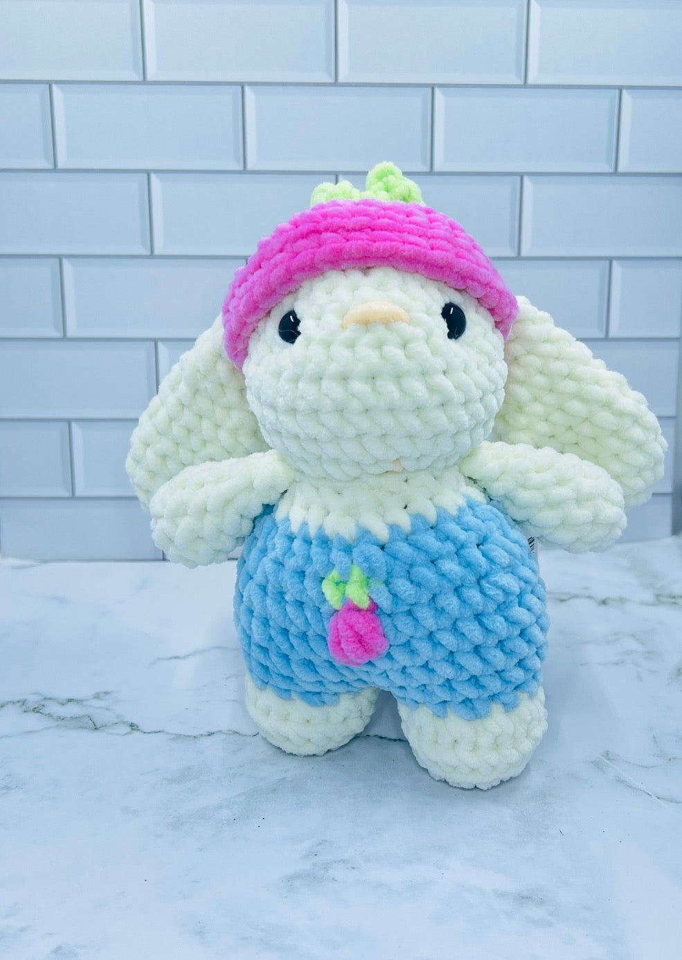 Crochet Spring Bunny Plush | Handmade Chenille Bunny with Strawberry Hat | Soft Stuffed Bunny Gift | Easter & Spring Decor