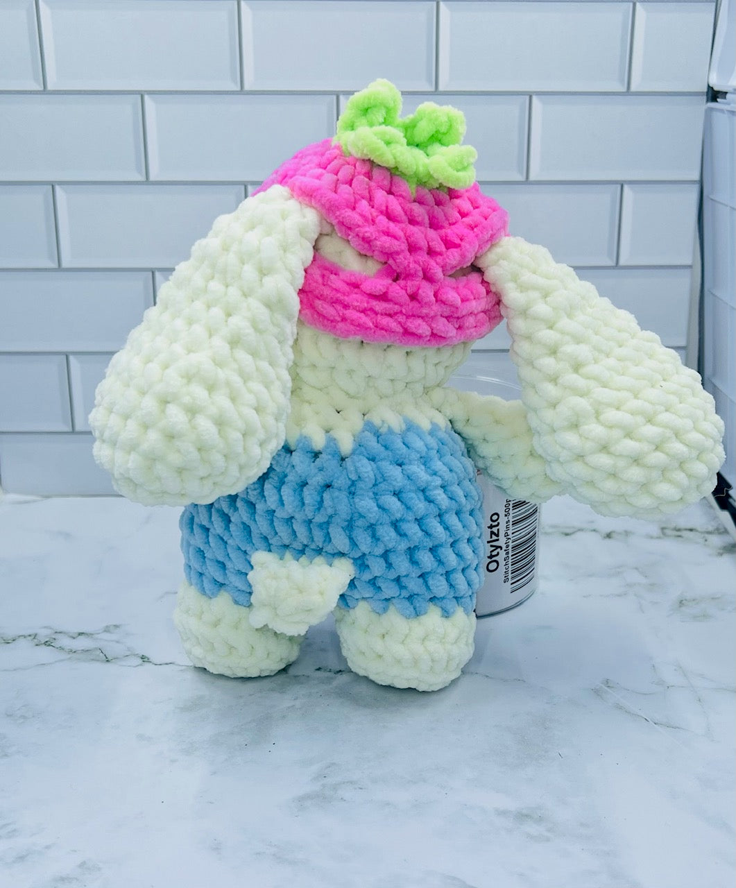 Crochet Spring Bunny Plush | Handmade Chenille Bunny with Strawberry Hat | Soft Stuffed Bunny Gift | Easter & Spring Decor