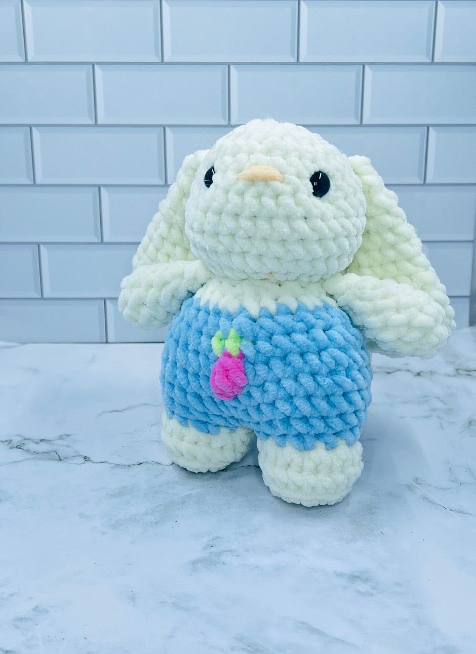 Crochet Spring Bunny Plush | Handmade Chenille Bunny with Strawberry Hat | Soft Stuffed Bunny Gift | Easter & Spring Decor
