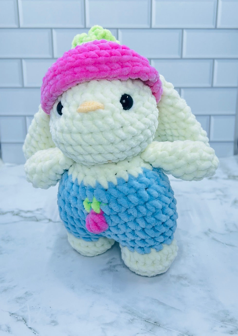 Crochet Spring Bunny Plush | Handmade Chenille Bunny with Strawberry Hat | Soft Stuffed Bunny Gift | Easter & Spring Decor