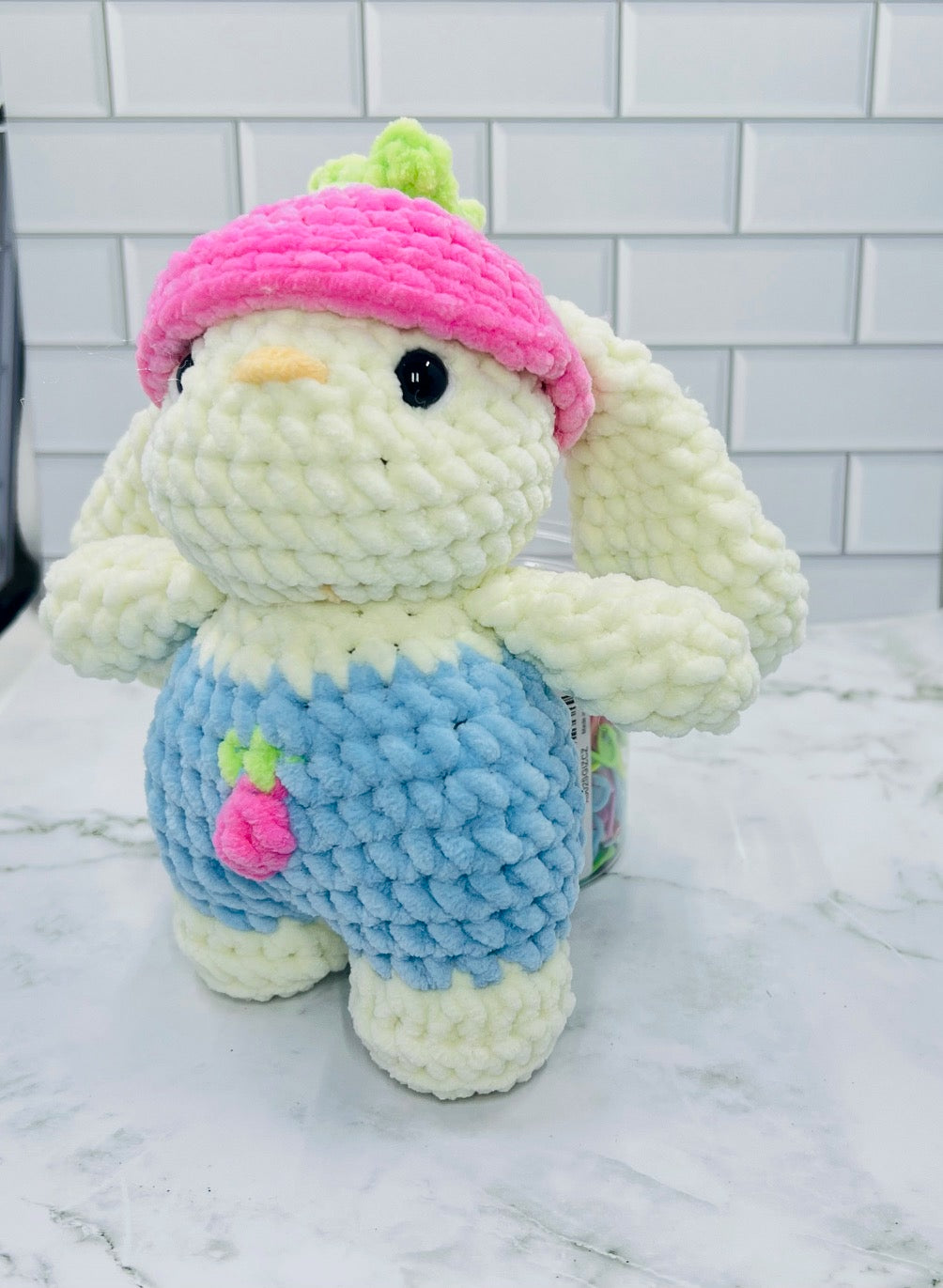 Crochet Spring Bunny Plush | Handmade Chenille Bunny with Strawberry Hat | Soft Stuffed Bunny Gift | Easter & Spring Decor