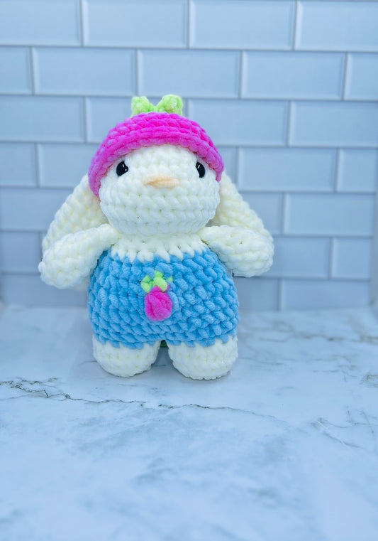 Crochet Spring Bunny Plush | Handmade Chenille Bunny with Strawberry Hat | Soft Stuffed Bunny Gift | Easter & Spring Decor