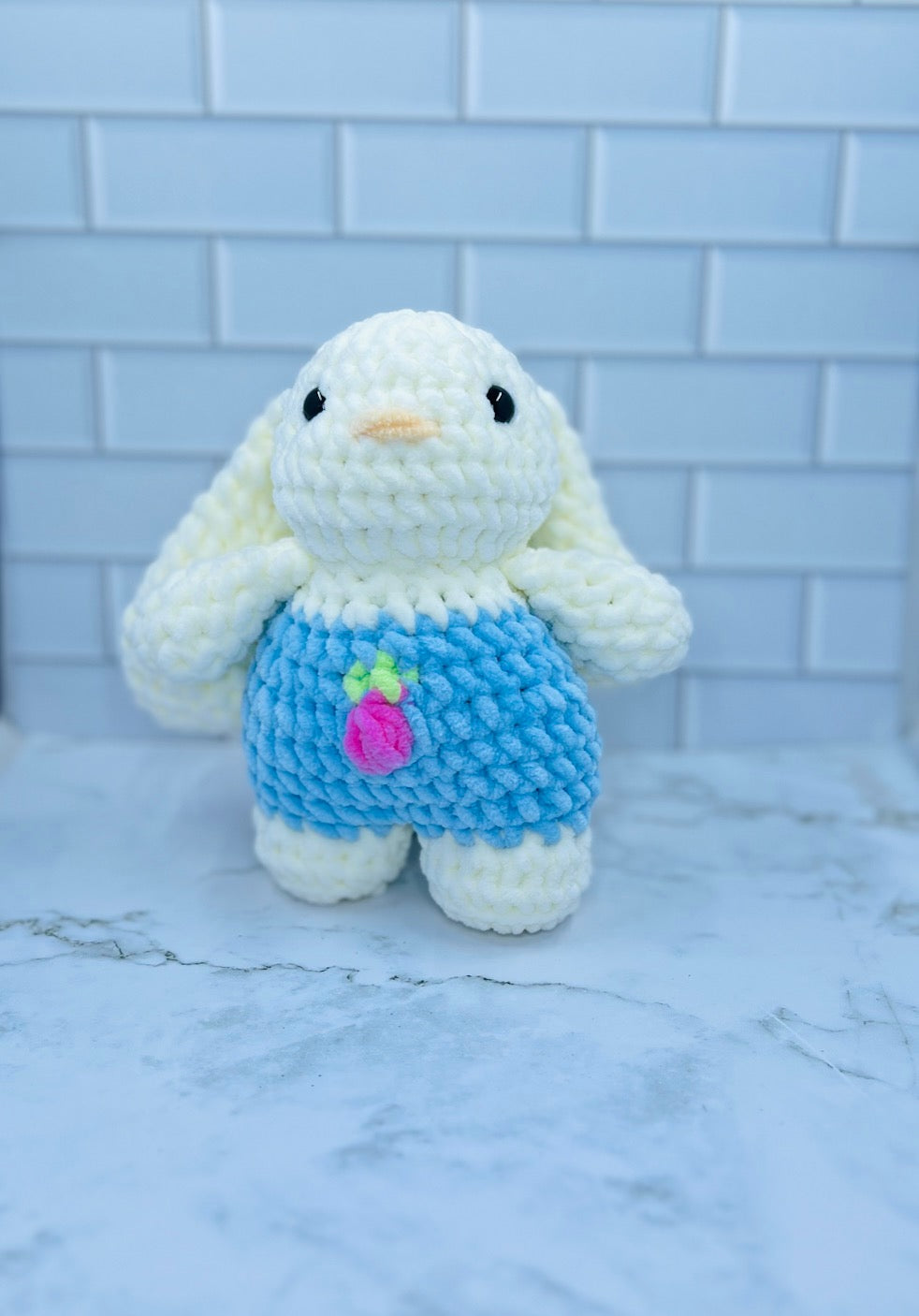 Crochet Spring Bunny Plush | Handmade Chenille Bunny with Strawberry Hat | Soft Stuffed Bunny Gift | Easter & Spring Decor