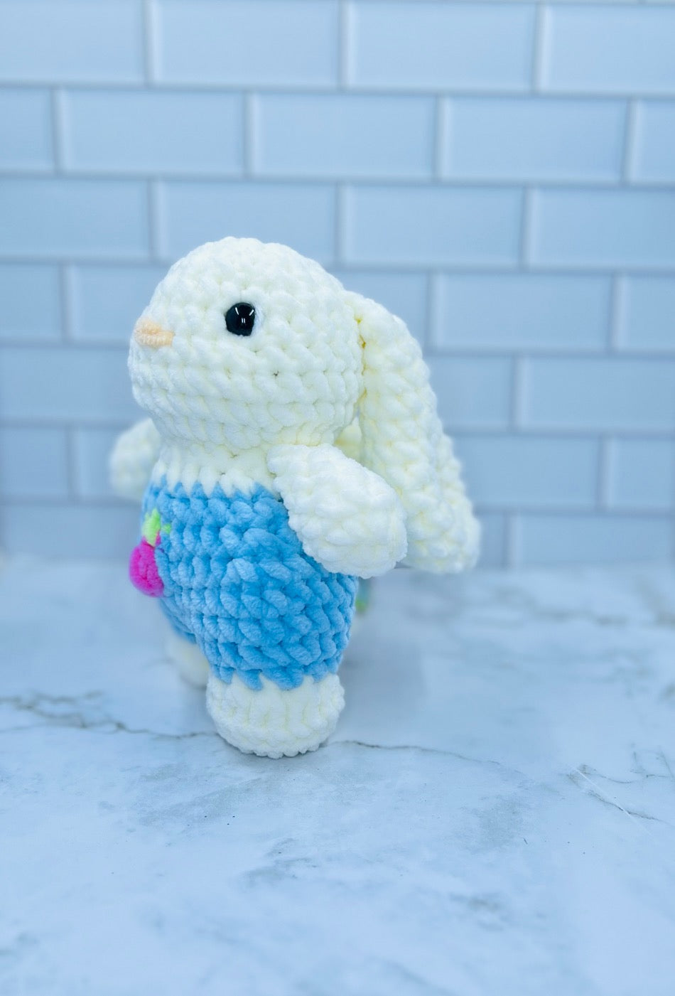 Crochet Spring Bunny Plush | Handmade Chenille Bunny with Strawberry Hat | Soft Stuffed Bunny Gift | Easter & Spring Decor