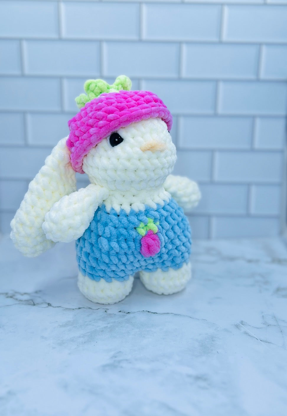 Crochet Spring Bunny Plush | Handmade Chenille Bunny with Strawberry Hat | Soft Stuffed Bunny Gift | Easter & Spring Decor